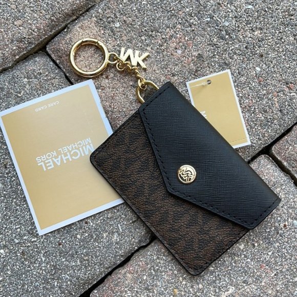 Michael Kors Kala Small Flap Key Ring Card Case Wallet MK Brown Black - Picture 9 of 10